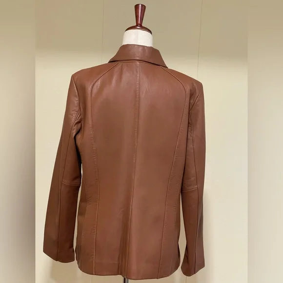 Prague Cropped Leather Jacket Cognac Brown size L - Picture 5 of 6